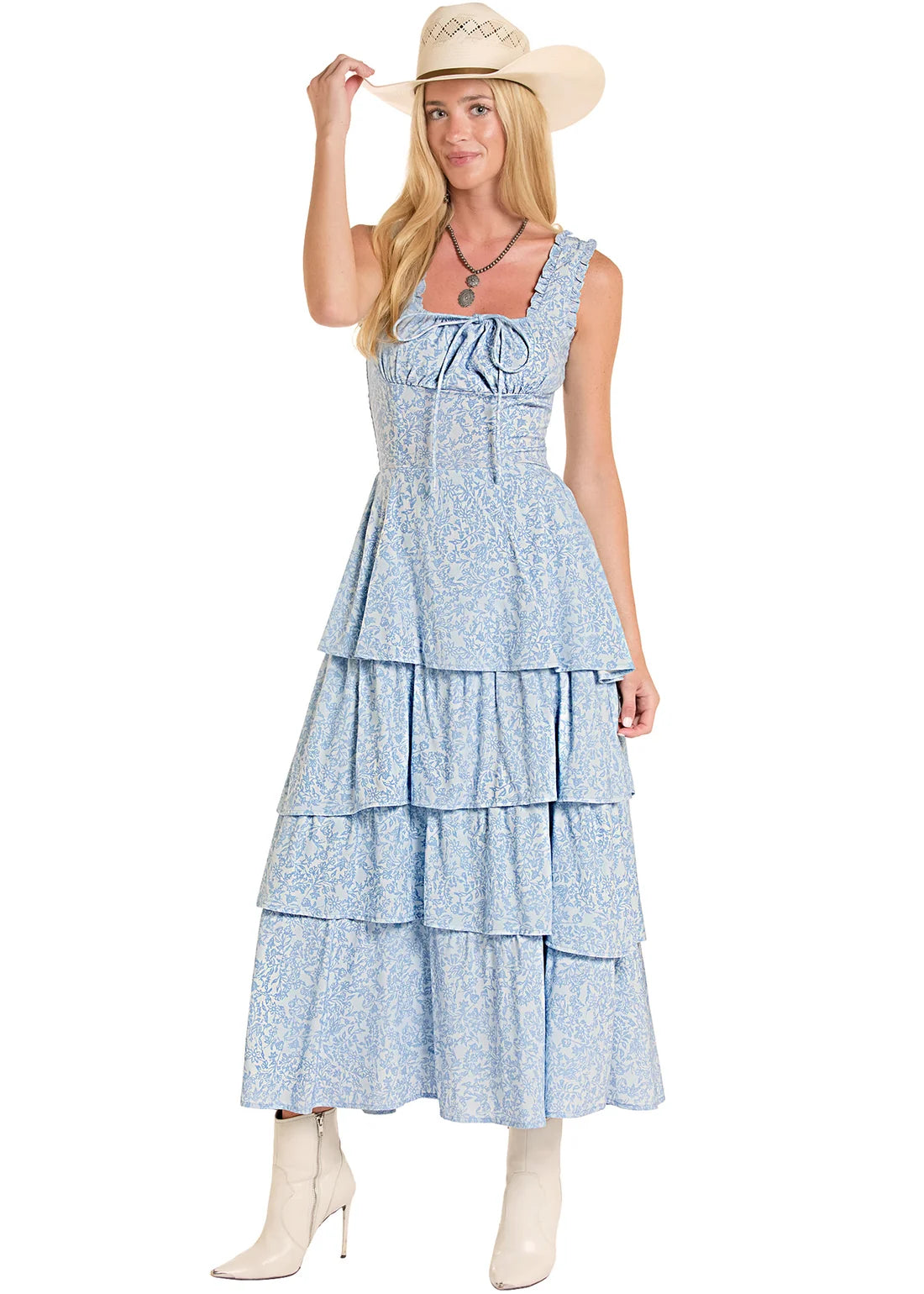 Rock & Roll Denim Floral Ruffle Tiered Maxi Dress in Cerulean
