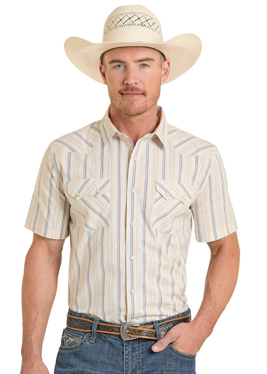 Panhandle Slim Modern Vintage Cream Stripe Short Sleeve Snap Shirt