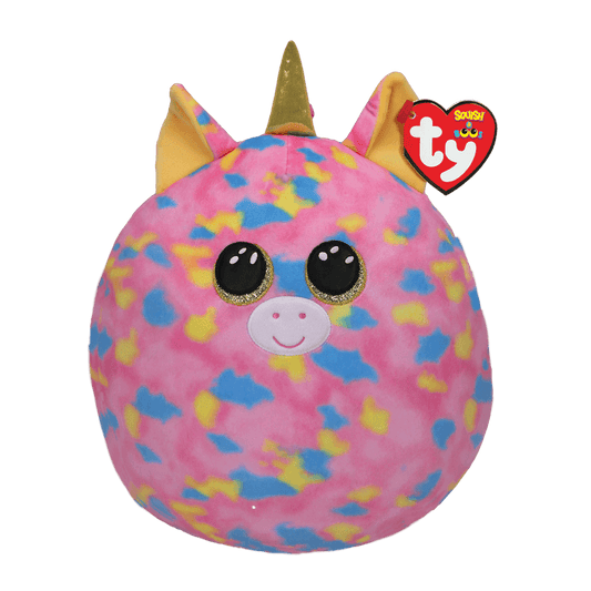 Round plush unicorn toy with a colorful pattern and a Ty Squish a Boos tag, on a white background
