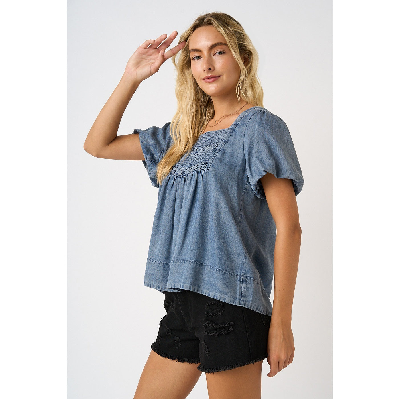 Washed Chambray Pleated Yoke Puff Sleeve Top in Dark Denim