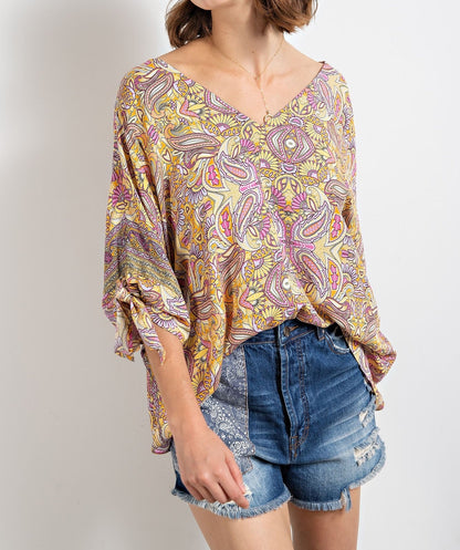 Womens Short Sleeve Printed Challis V-neck Top