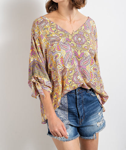Short Sleeve Printed Challis V-neck Top