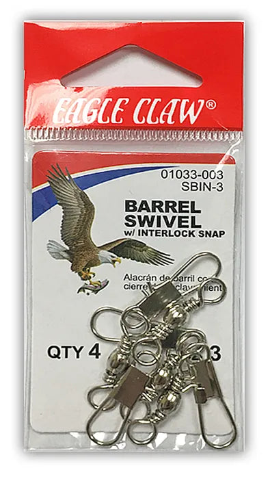 Packaged Eagle Claw barrel swivel with interlock snap on a white background