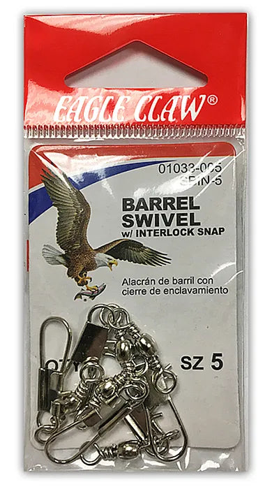 Packaged Eagle Claw barrel swivel with interlock snap on a red and white background