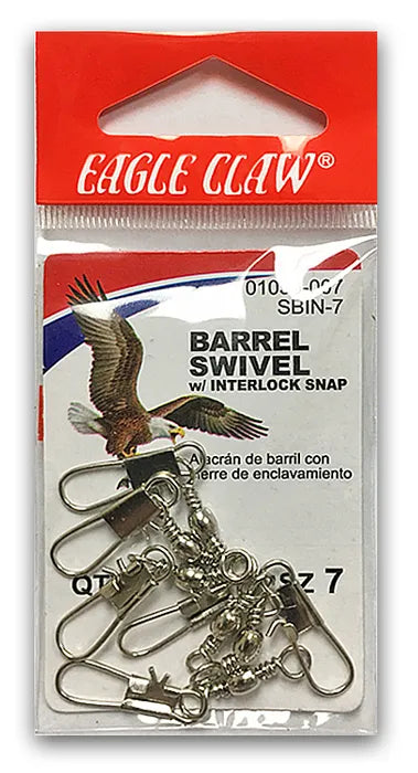 Packaged Eagle Claw barrel swivel with interlock snap on a white background