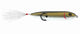 Fishing lure with a gold and black body and white tail on a white background