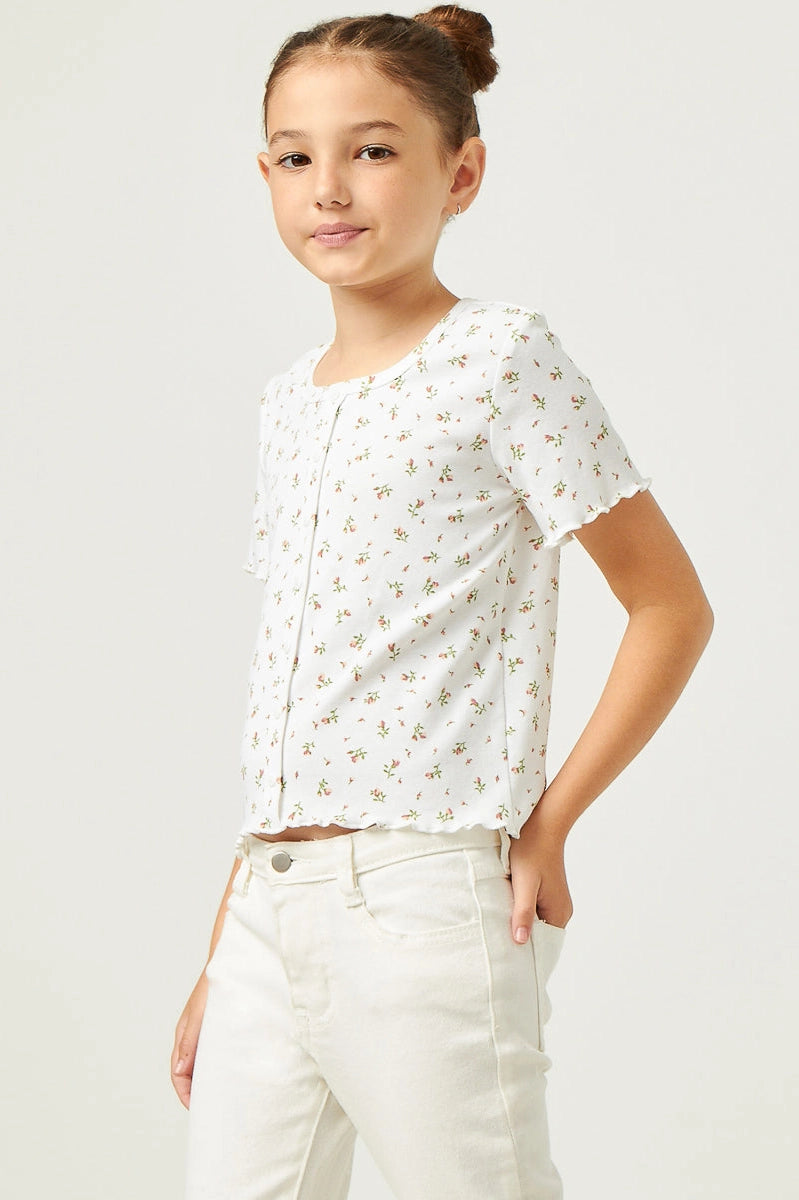 Girls Button Detail Ditsy Floral Knit T-Shirt