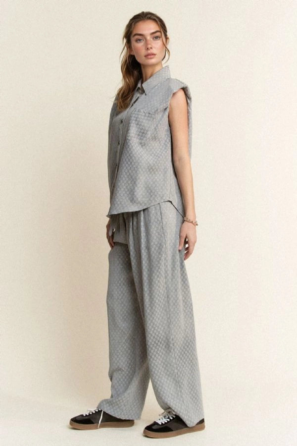 Davi & Dani Checkered Denim Button Down Shirt & Long Pants Set