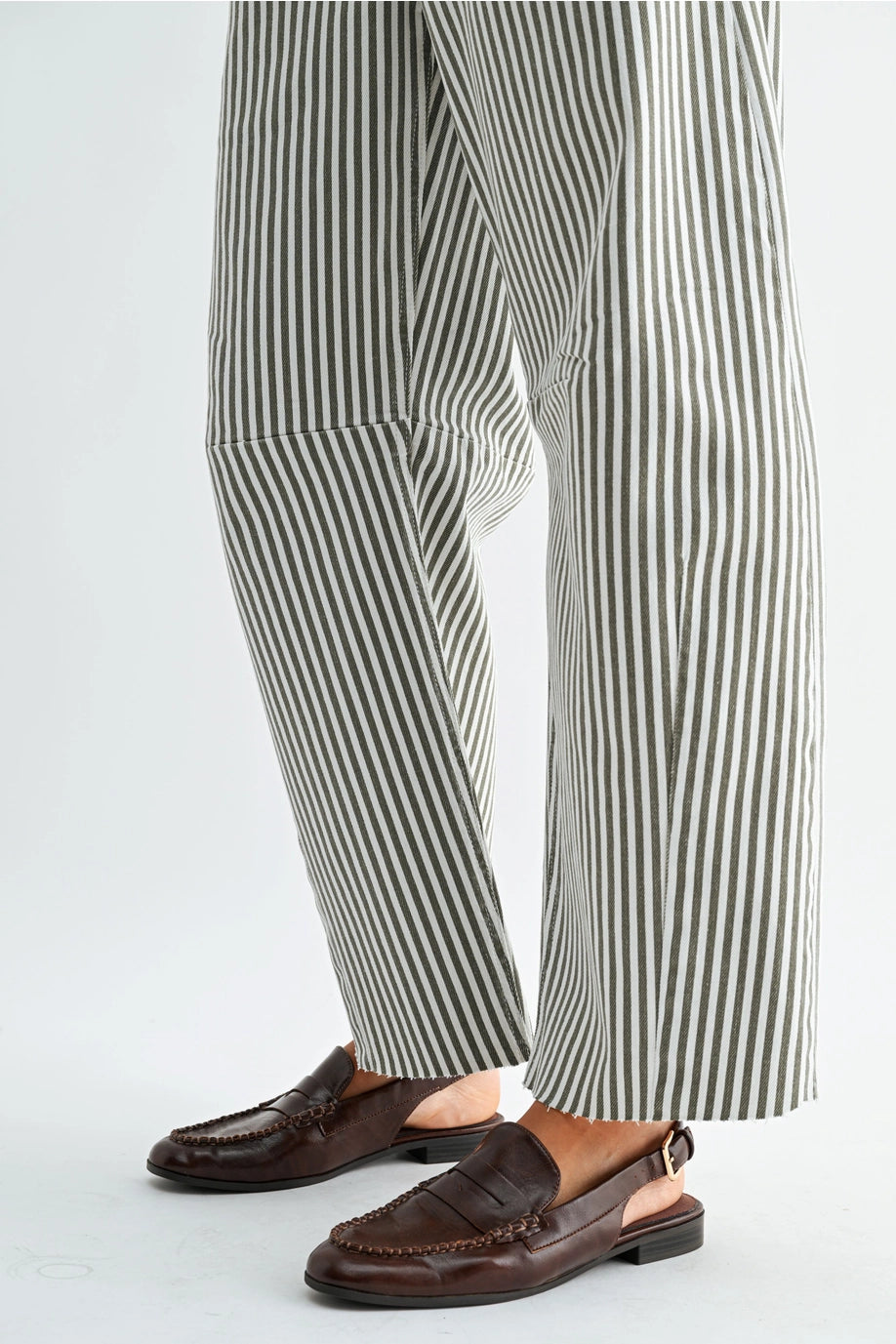 Olive Stripe Raw Hem Barrel Jean