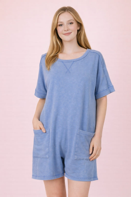 Mineral Washed Knit Casual Romper in Denim