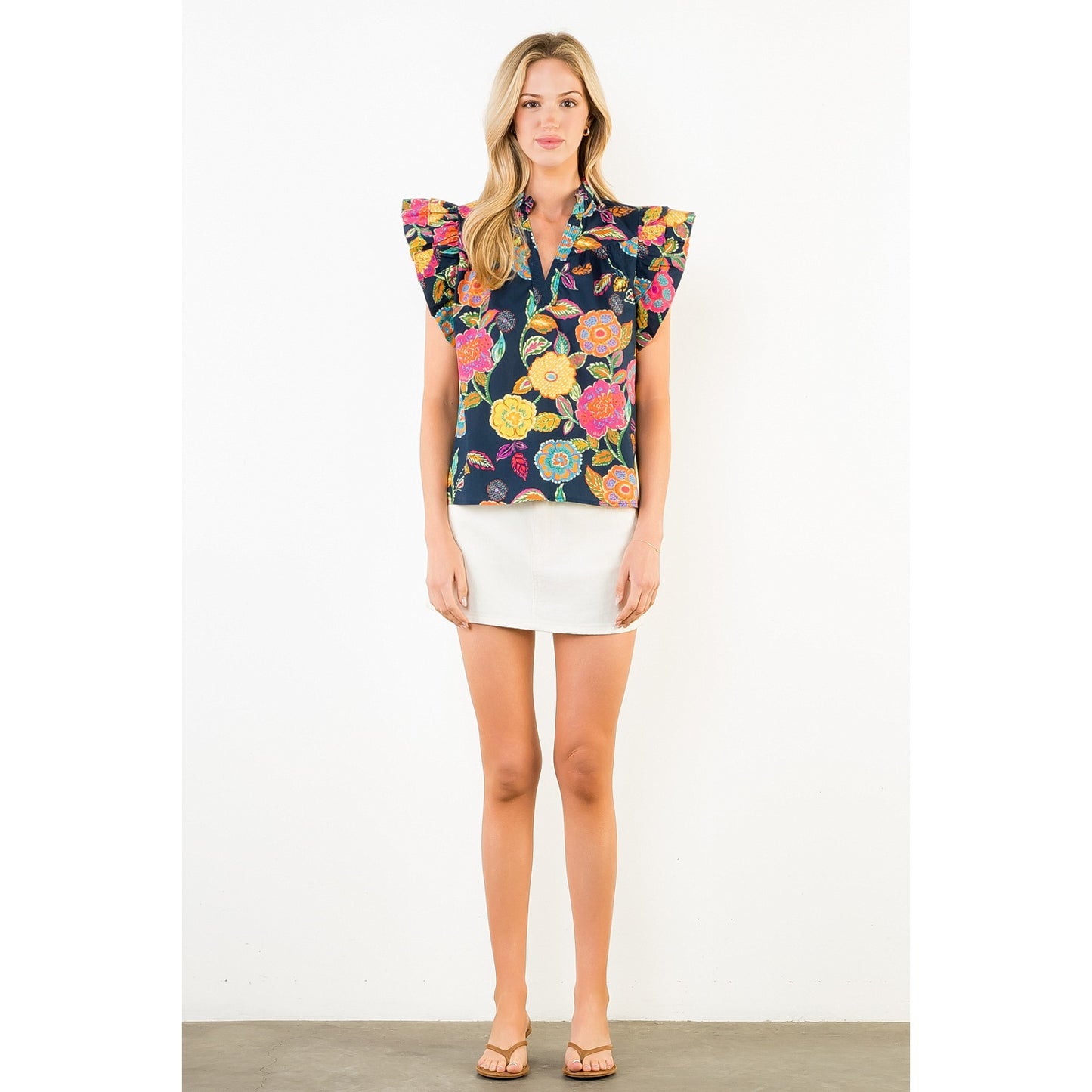 Ruffle Sleeve Navy Floral Pattern Top