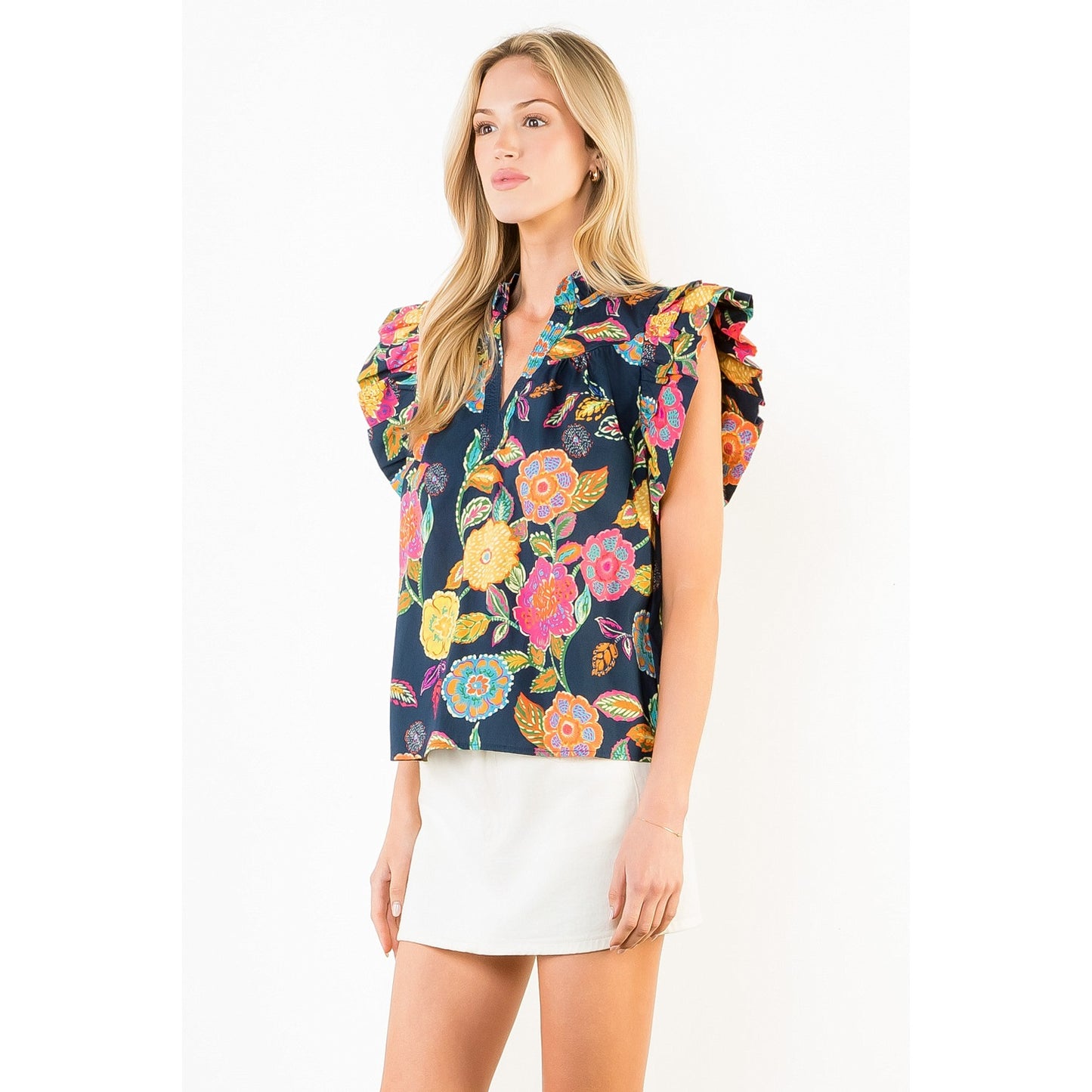 Ruffle Sleeve Navy Floral Pattern Top