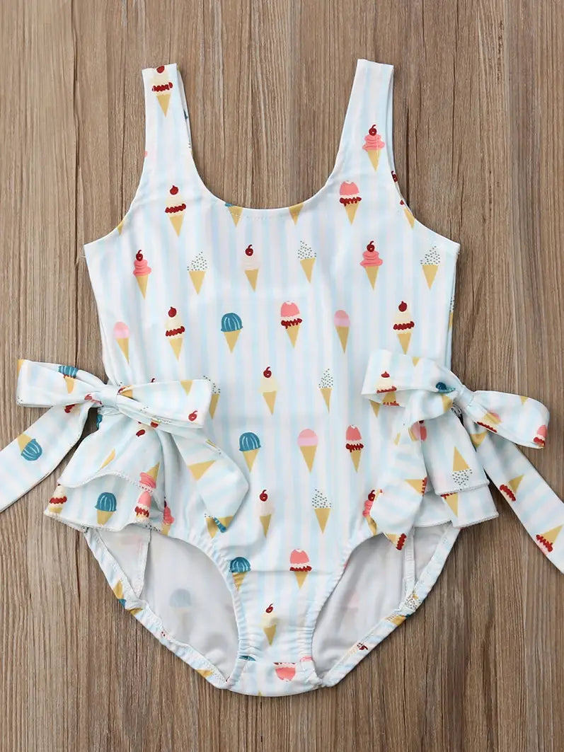 Light Blue Ice Cream Print Ruffled Swimsuit with Bows