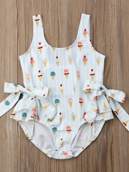 Light Blue Ice Cream Print Ruffled Swimsuit with Bows