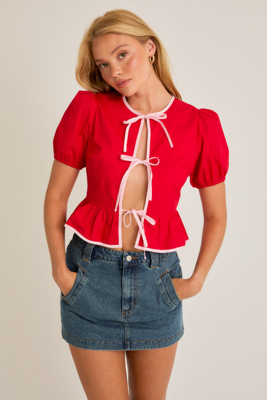 Lovin' Red Puff Sleeve Bow Blouse