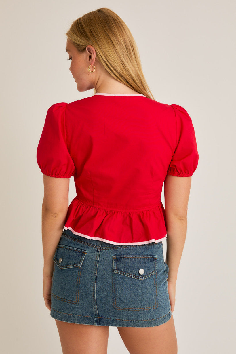 Lovin' Red Puff Sleeve Bow Blouse