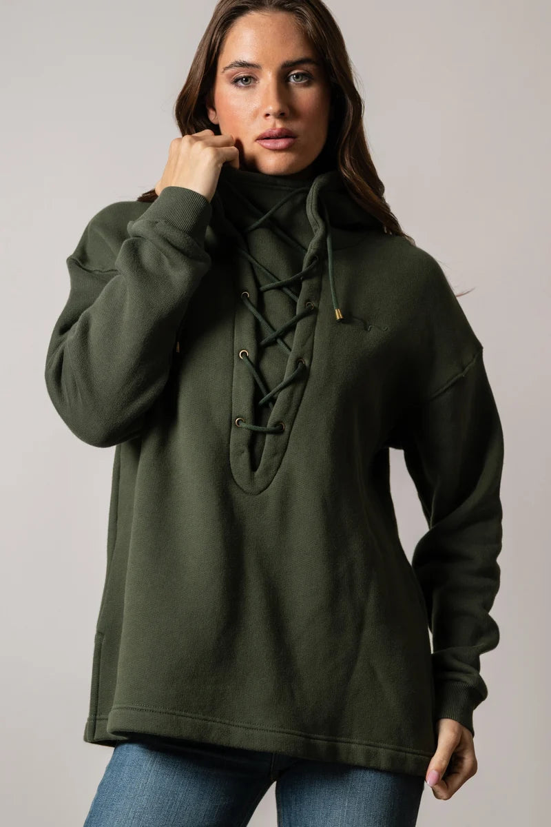 Kimes Ranch Pippi Lace Up Hoodie in Dark Olive