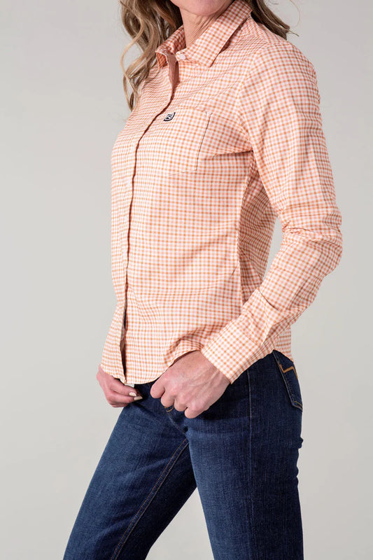Kimes Ranch Ladies Tucco Mini Check Top in Peach