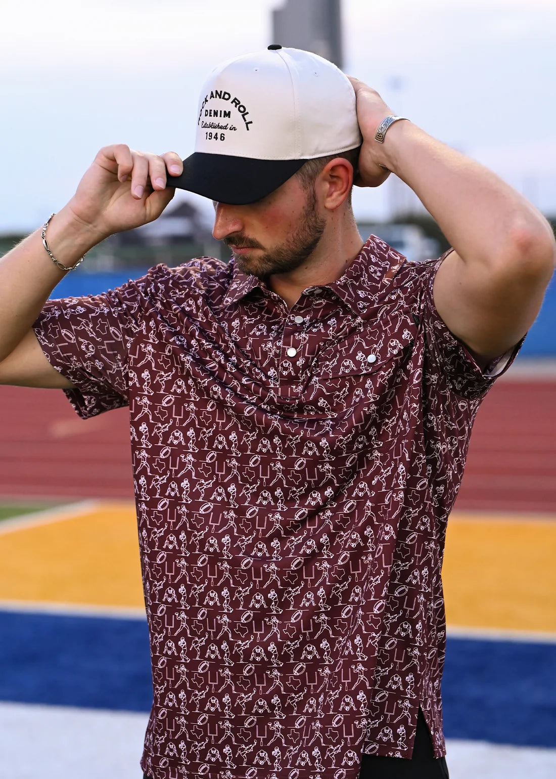 Rock & Roll Maroon Gameday Print Polo