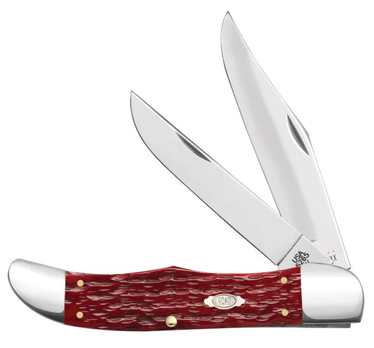 Case Peach Seed Jig Dark Red Bone Carbon Steel Folding Hunter with Sheath