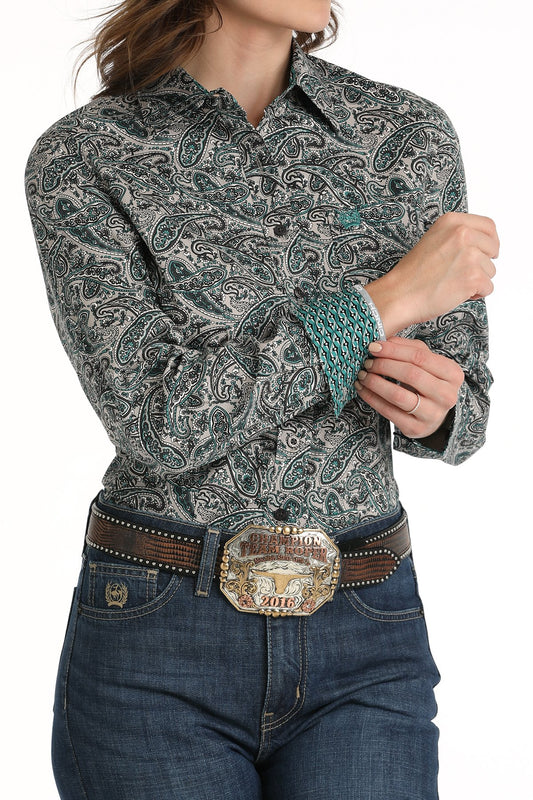 Cinch Women's Paisley Grey/Teal Button-Down Western Shirt