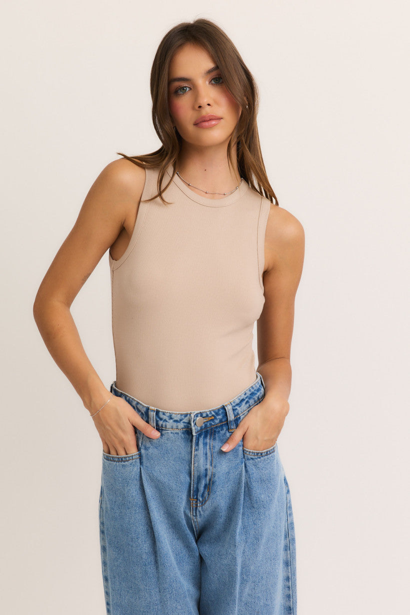 Le Lis Round Neck Sleeveless Bodysuit in Almond