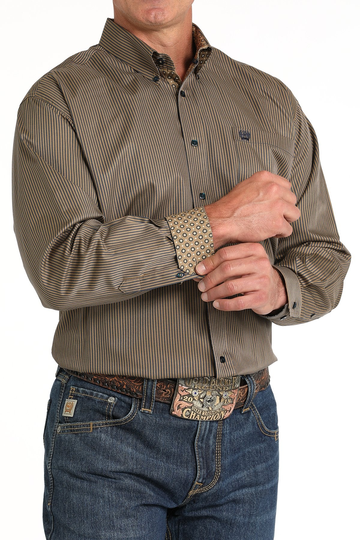 Cinch Men's Tencel Stripe Button-Down Brown/Navy Western Shirt