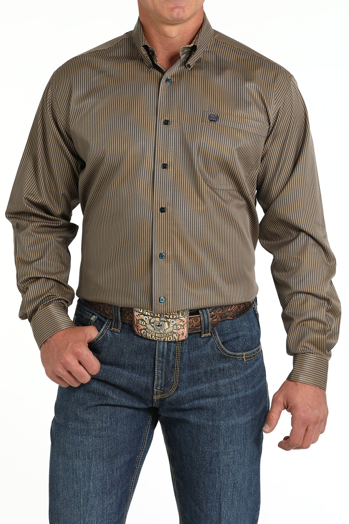 Cinch Men's Tencel Stripe Button-Down Brown/Navy Western Shirt