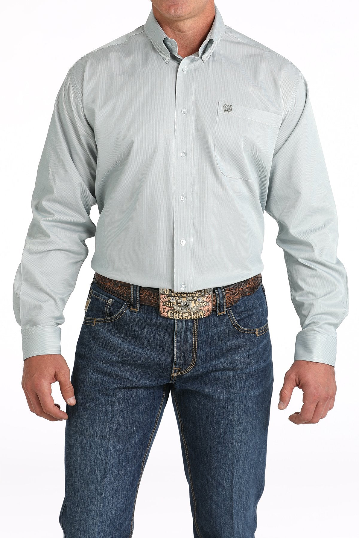 Cinch Men's Tencel Micro-Stripe Print Button-Down Green/White Western Shirt