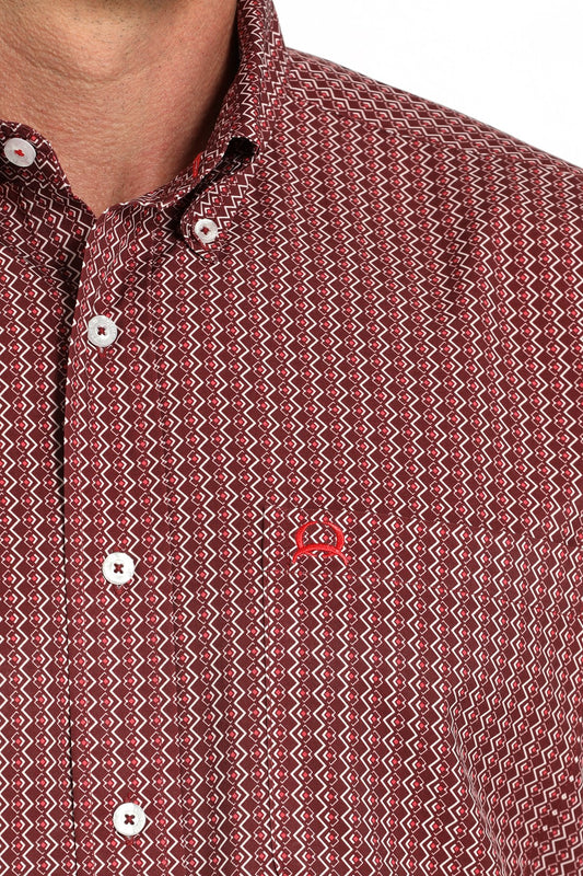 Cinch Short Sleeve Burgundy Medallion Print Western Shirt