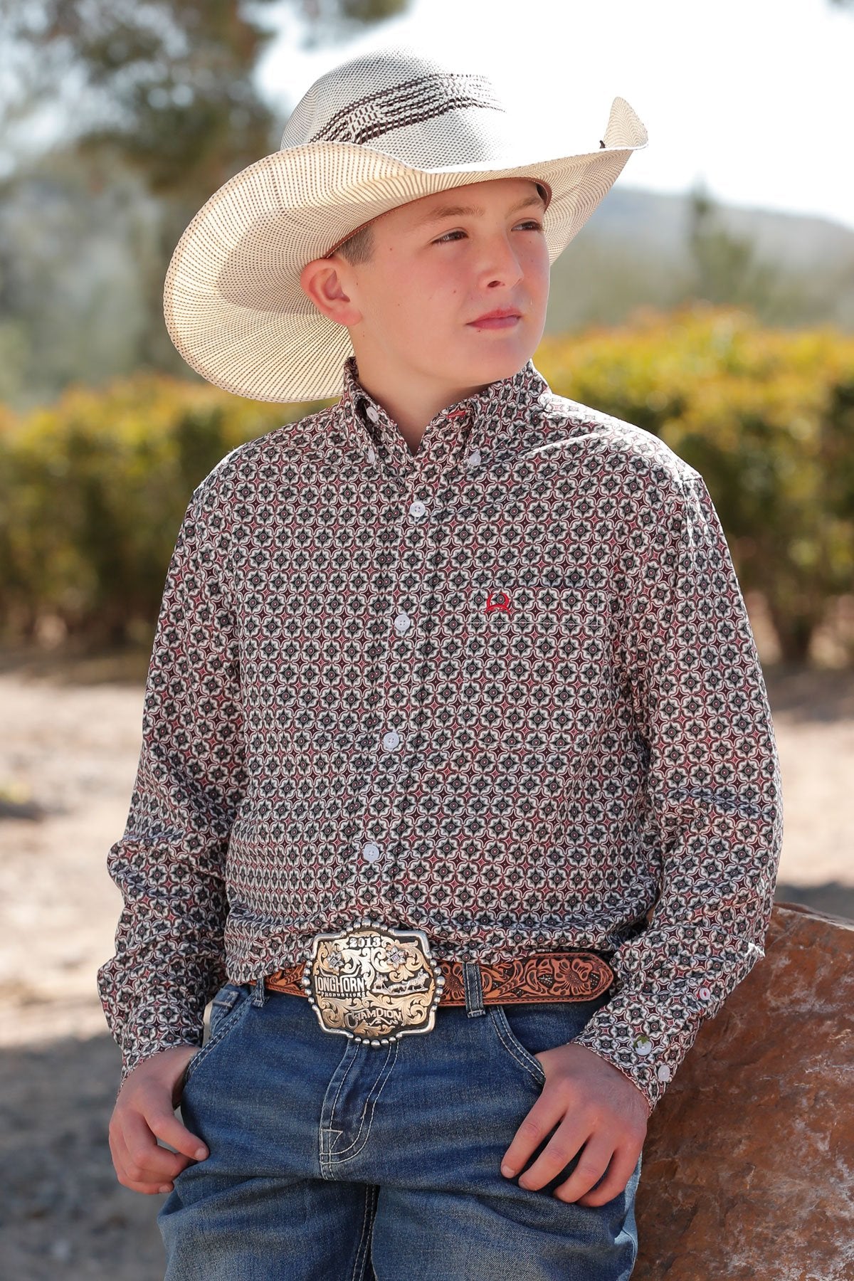 Cinch Boy's Arenaflex Khaki Geometric Print Western Shirt