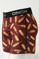 Side view of male mannequin bottom wearing burgundy boxer briefs with corndog print on white background