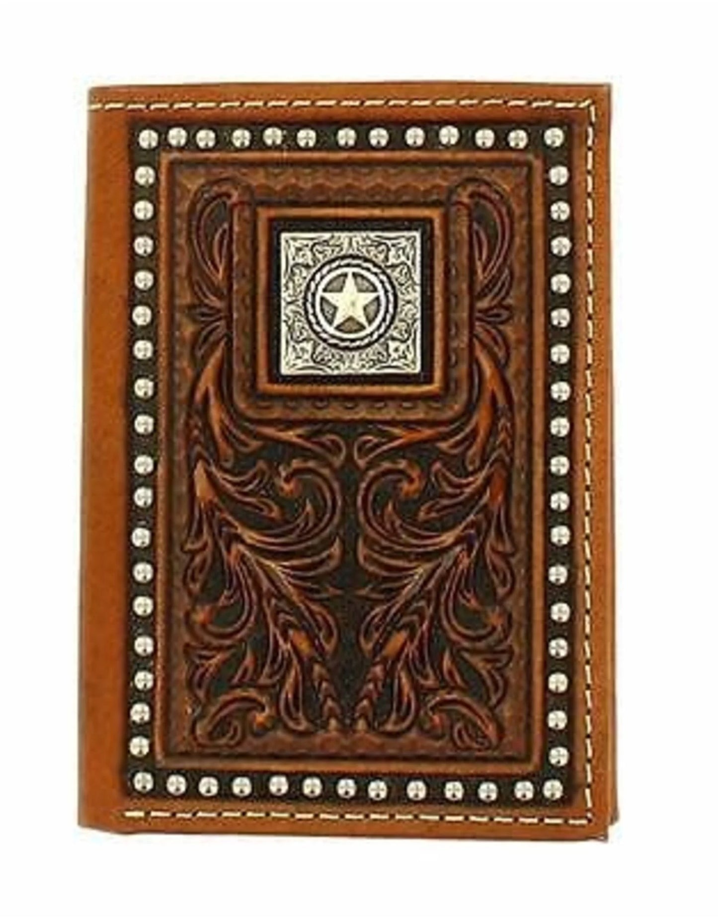 Nocona Trifold Brown Hand Tooled Leather Wallet