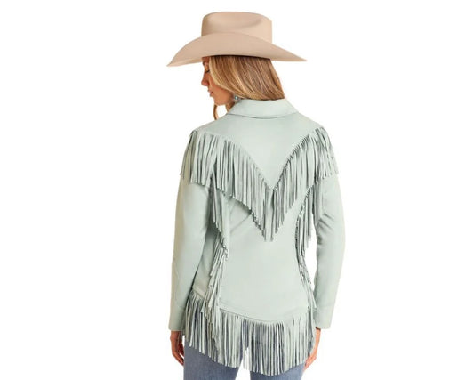 Rock & Roll Denim Powder River Western Micro Suede Fringe Jacket