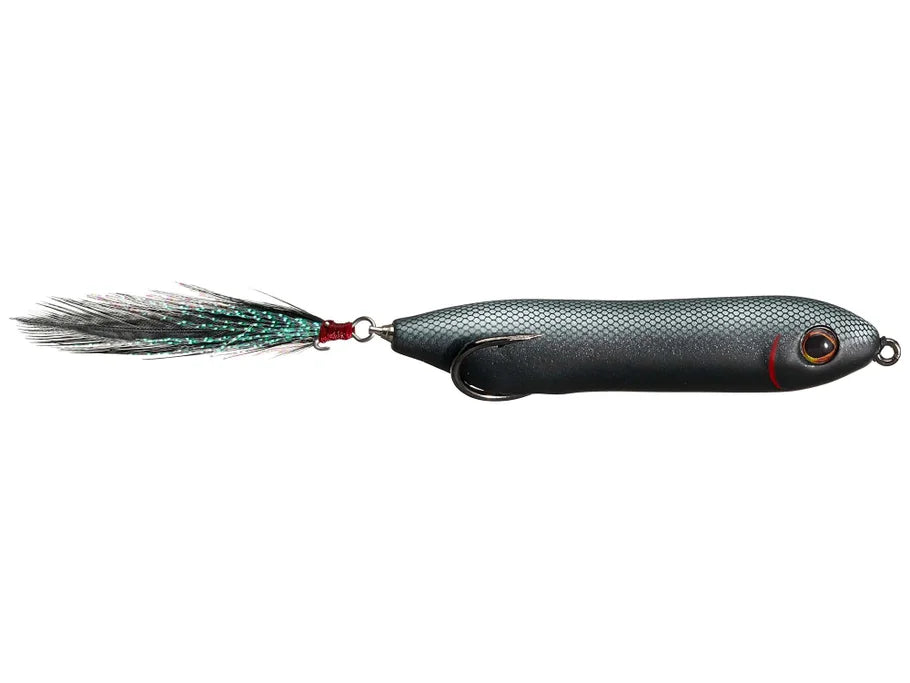 Fishing lure with a dark gray detailed pattern on a white background