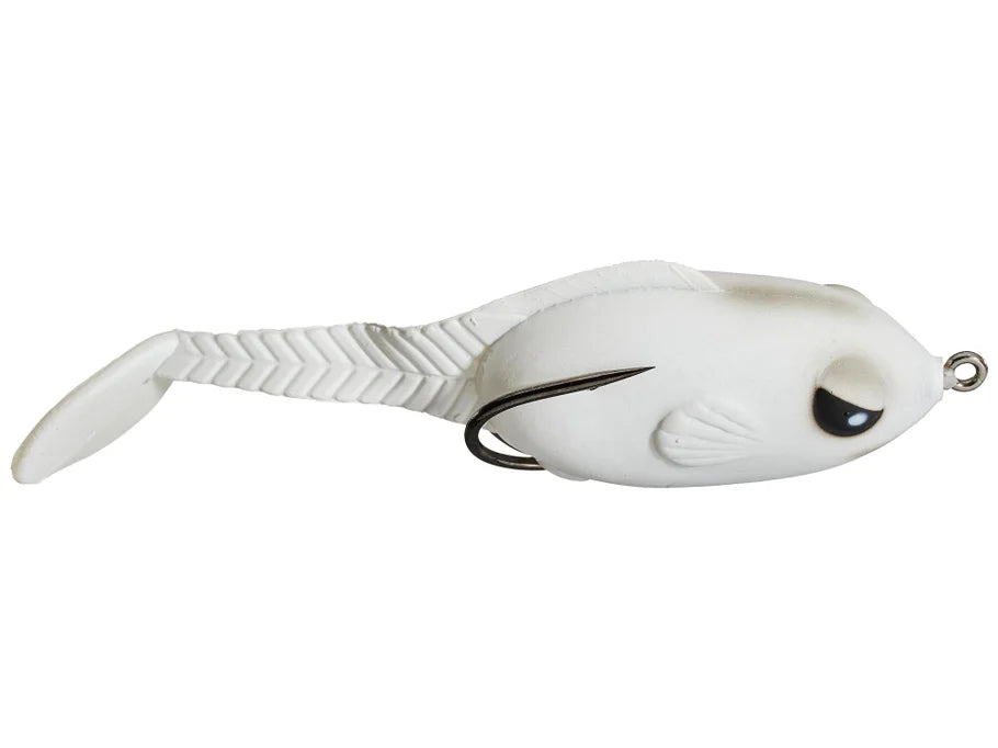 White fishing lure with a black eye and silver hook on a white background