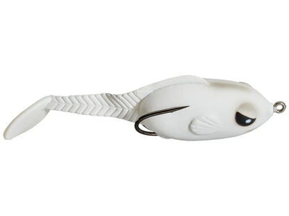 White fishing lure with a black eye and silver hook on a white background