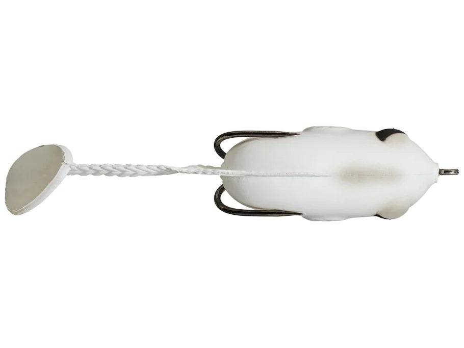 Bottom view of white fishing lure with a rope tail on a white background