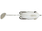 Bottom view of white fishing lure with a rope tail on a white background