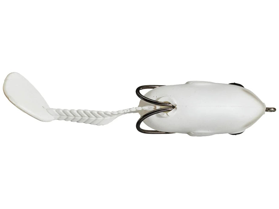 Top view of white fishing lure with a rope tail on a white background