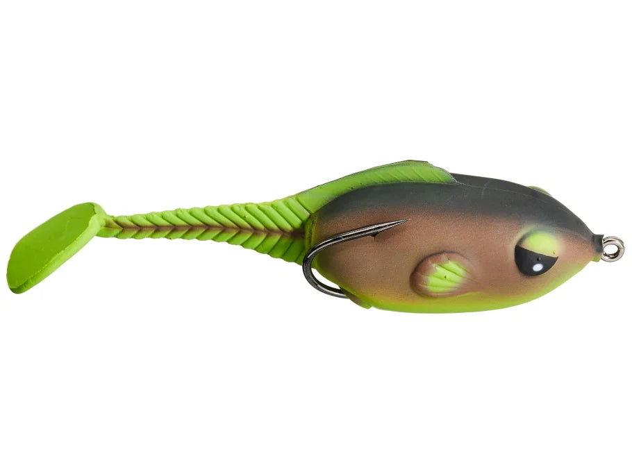 Fishing lure with green and brown colors on a white background