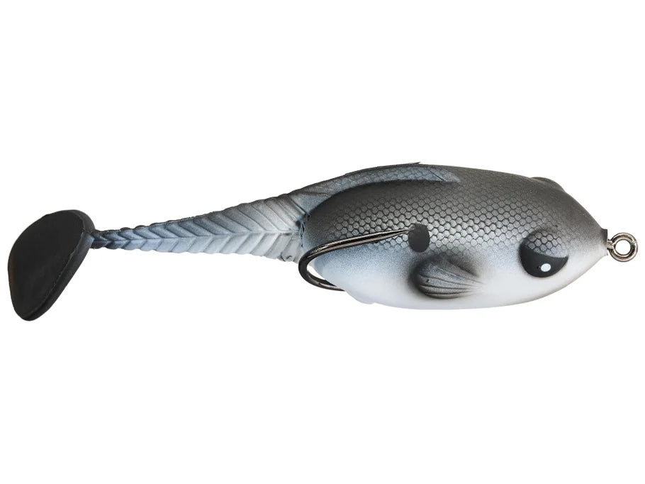 Fishing lure with a gray detailed design on a white background