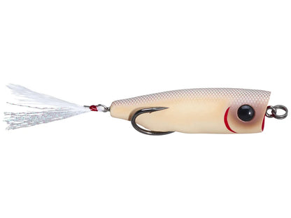 Fishing lure with a white body and red accents on a white background