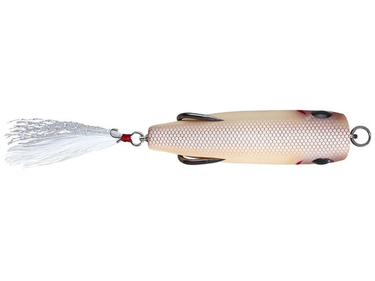 Top view of fishing lure with a white tail on a white background