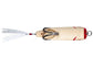 Bottom view of fishing lure with a white shad body and red accents on a white background
