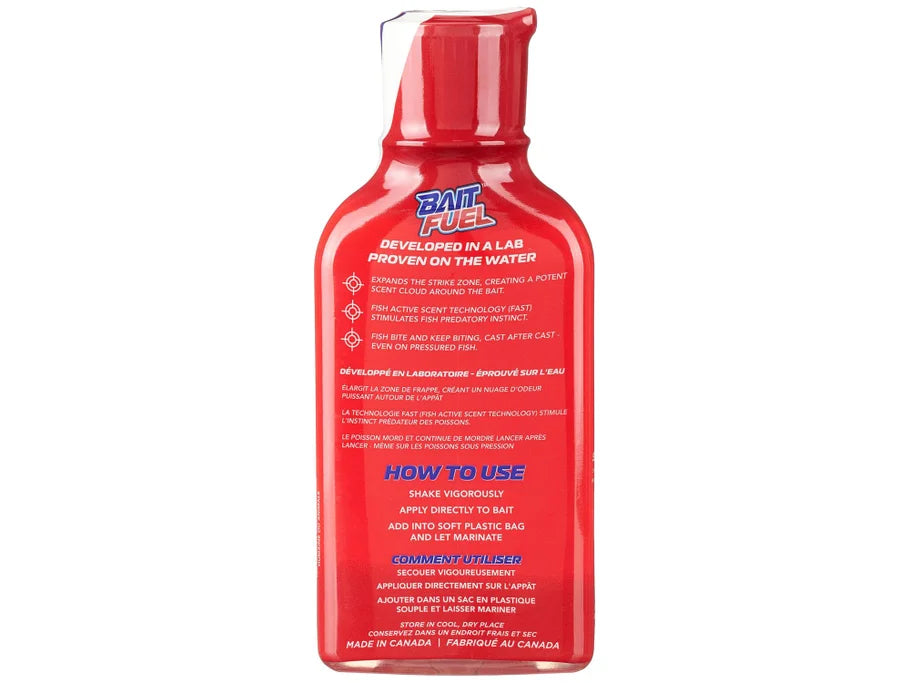 Back of red bottle of BaitFuel with text on a white background