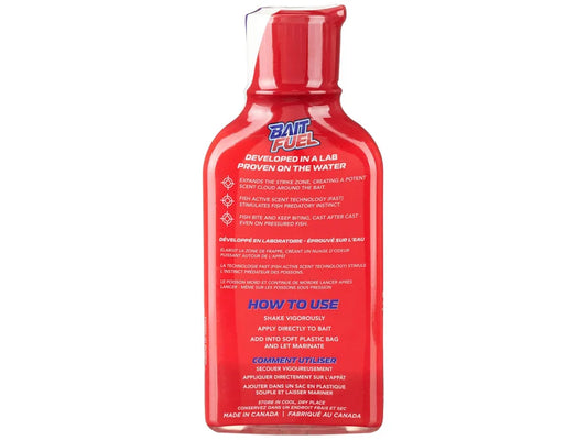 Back of red bottle of BaitFuel with text on a white background