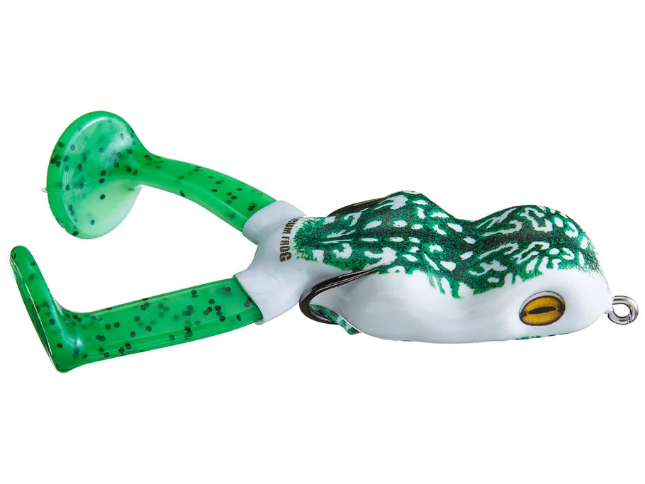 Frog-shaped fishing lure with green and white colors on a white background