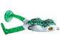 Frog-shaped fishing lure with green and white colors on a white background