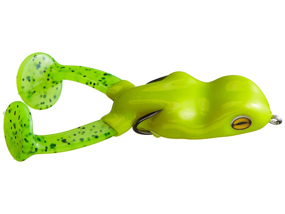 Chartreuse frog-shaped fishing lure on a white background
